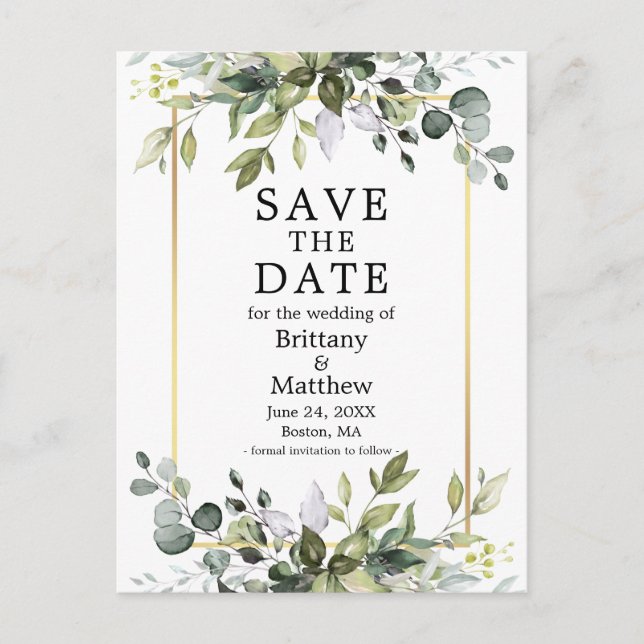 Watercolor Botanical Greenery Gold Save The Date Postcard (Front)