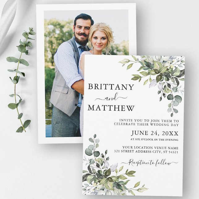 Watercolor Botanical Greenery Photo Back Wedding Invitation (Customize to change text size, color or style.)