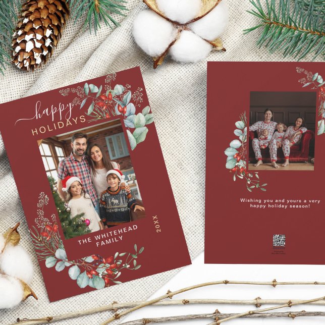 Watercolor Botanical Greenery Photo Burgundy Holiday Card (You will love these beautiful Christmas cards! They feature botanical watercolor pine and berries.)