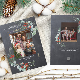 Watercolor Botanical Greenery Rustic Chalkboard Holiday Card