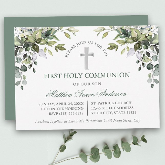 Watercolor Botanical Greenery Sage Green Communion Invitation (Customize to change text color, text style or color of back of card.)