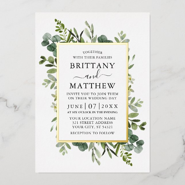 Watercolor Botanical Greenery Wedding Gold (Front)