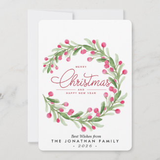 Watercolor Botanical Greenery Wreath Holiday Card