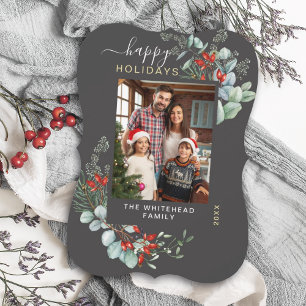 Watercolor Botanical Happy Holiday Photo Dark Grey