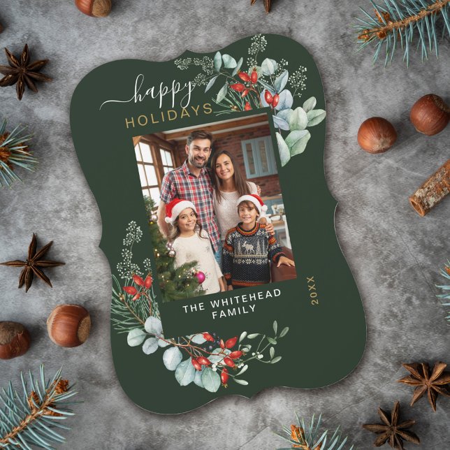 Watercolor Botanical Happy Holiday Photo Green (You will love these beautiful Christmas cards! They feature botanical watercolor pine and berries.)