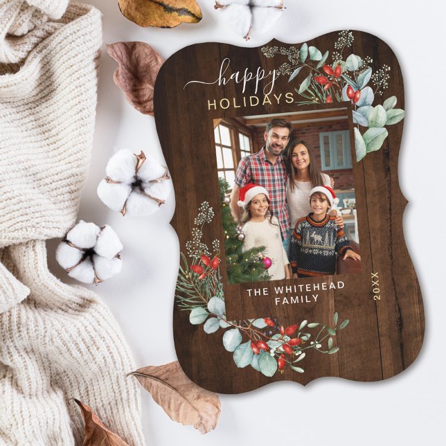 Watercolor Botanical Happy Holiday Photo Wood (You will love these beautiful Christmas cards! They feature botanical watercolor pine and berries.)