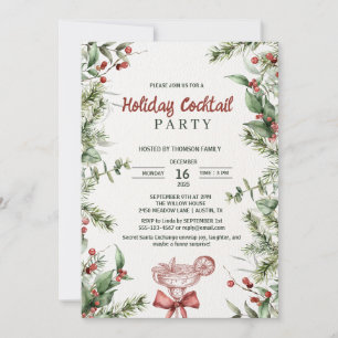 Watercolor Botanical Holiday Cocktail Party Invitation