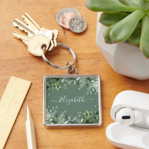 Watercolor Botanical Ivy Ferns Sage Green Key Ring