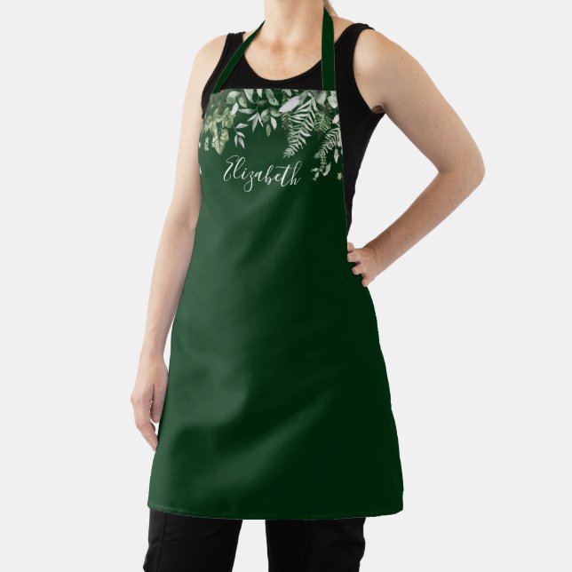 Watercolor Botanical Ivy Sage Ferns Green Apron (Insitu)