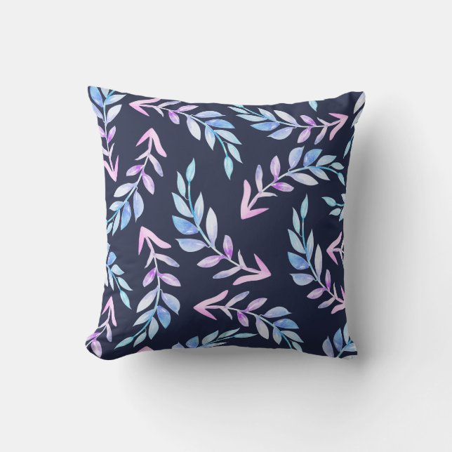 Watercolor Botanical Laurels in Blue & Pink Cushion (Front)