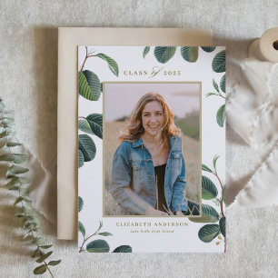 Watercolor Botanical Leaves Beige Photo Graduation Announcement