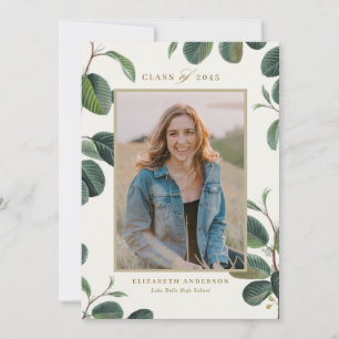 Watercolor Botanical Leaves Beige Photo Graduation Announcement