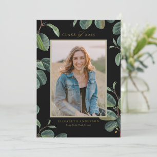 Watercolor Botanical Leaves Black Photo Graduation Announcement