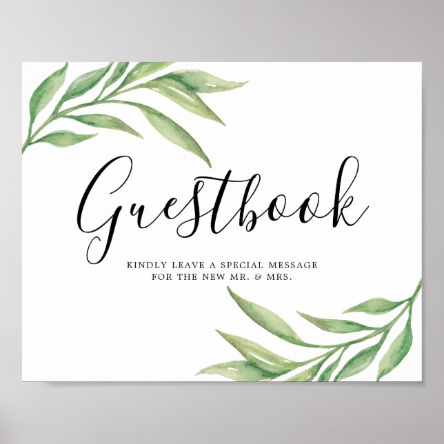 Watercolor Botanical Leaves Guestbook Wedding Sign (Front)