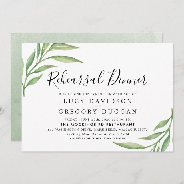 Watercolor Botanical Leaves Rehearsal Dinner Invitation (Front/Back)