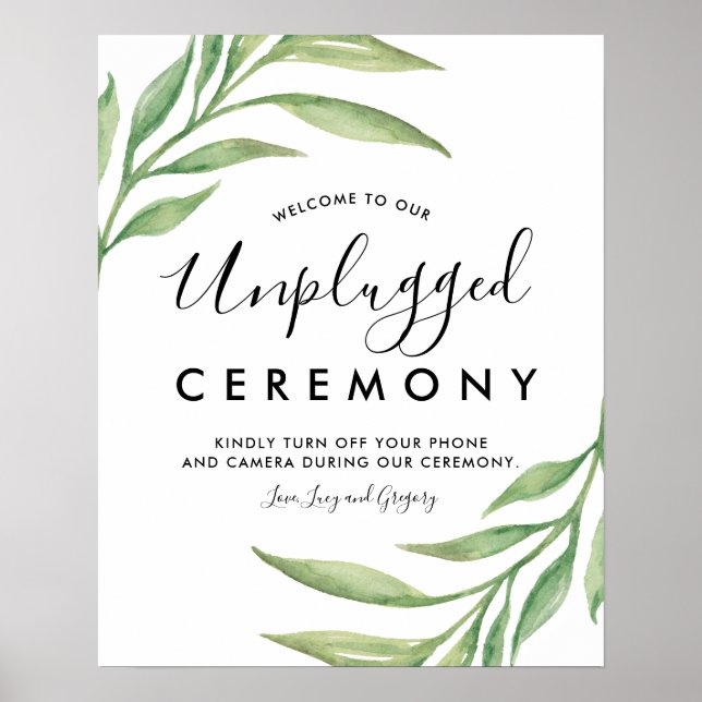 Watercolor Botanical Leaves Unplugged Wedding Sign (Front)