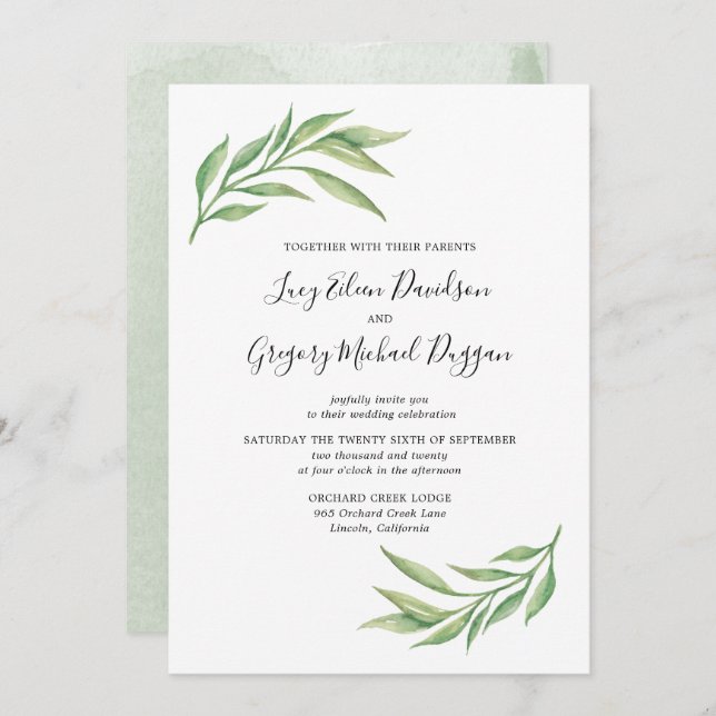 Watercolor Botanical Leaves Wedding Invitation (Front/Back)