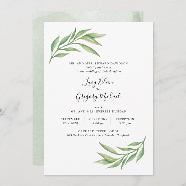 Watercolor Botanical Leaves Wedding Invitation (Front/Back)