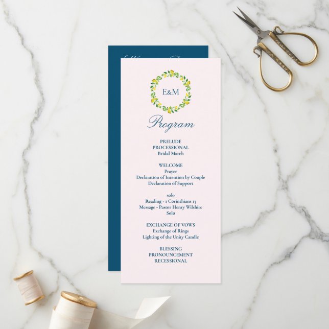 Watercolor Botanical Lemon Blue Wedding Program (Front/Back In Situ)