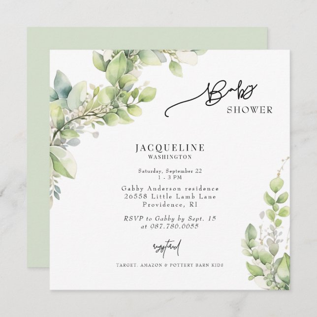 Watercolor Botanical Light Sage Square Baby Shower Invitation (Front/Back)