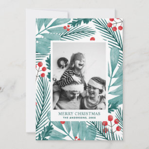 Watercolor Botanical Merry Christmas Family Photo Holiday Card