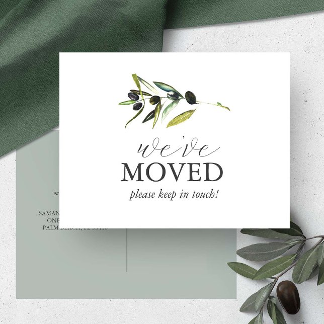 Watercolor Botanical Moving Announcement Postcards (Change of address postcard features a watercolor olive branch by Victoria Grigaliunas)