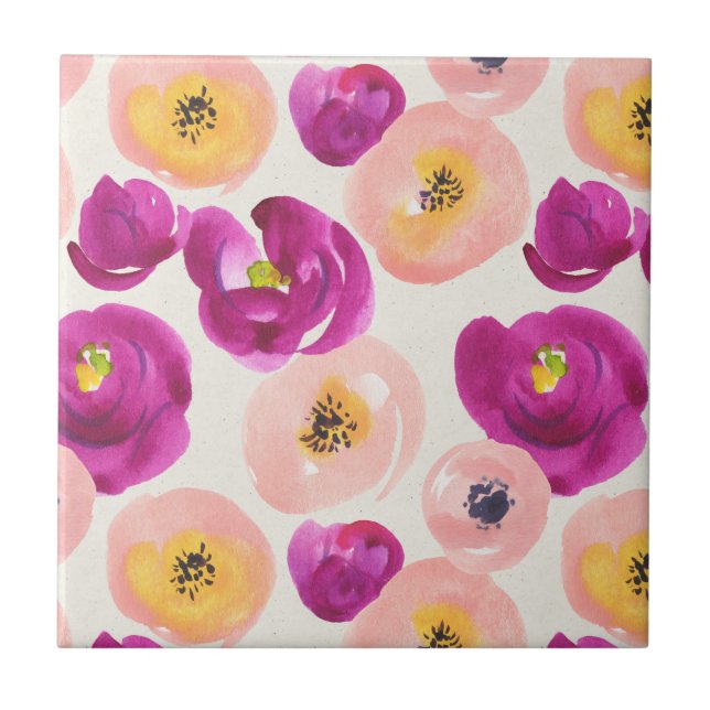 Watercolor Botanical Pattern Ceramic Tile (Front)