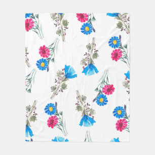 Watercolor botanical pattern of bright pink spring fleece blanket