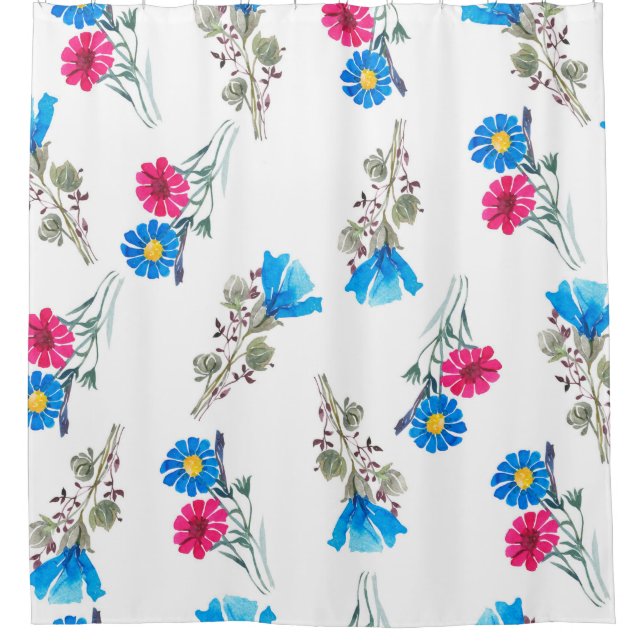 Watercolor botanical pattern of bright pink spring shower curtain (Front)