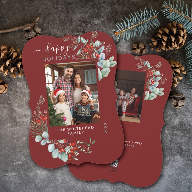 Watercolor Botanical Photo Burgundy Holiday Card (You will love these beautiful Christmas cards! They feature botanical watercolor pine and berries.)