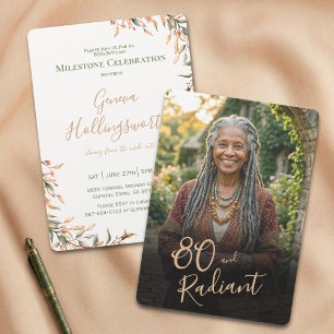 Watercolor Botanical Photo Radiant 80th Birthday Invitation