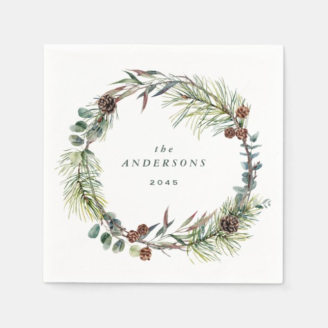 Watercolor Botanical Pine Wreath Christmas Party Napkin (Front)