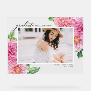 Watercolor Botanical Pink Dahlia Graduation Photo Acrylic Sign