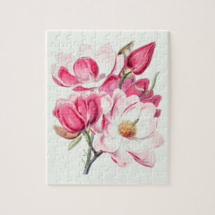 Watercolor Botanical Pink Magnolia Flowers Jigsaw Puzzle