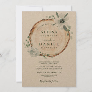 Watercolor botanical Rustic wood wedding Invitation