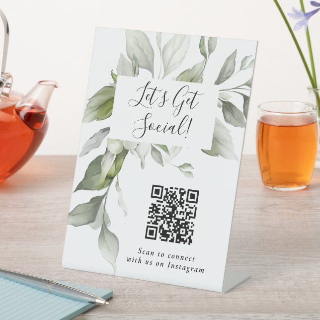 Watercolor Botanical Social Media QR Code Pedestal Sign (In SItu)