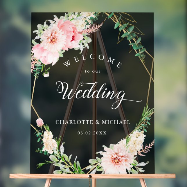 Watercolor Botanical Spring Geometric Wedding  Acrylic Sign (Neutral)