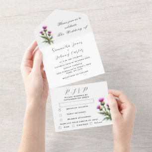 Watercolor Botanical Thistle Simple Floral Wedding All In One Invitation