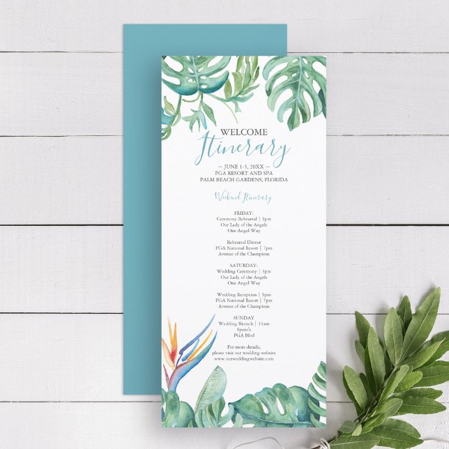 Watercolor Botanical Tropical Wedding Itinerary (wedding itinerary template tropical watercolor bird of paradise and palm leaves Victoria Grigaliunas)