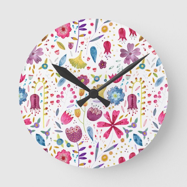 Watercolor Botanical Wildflower Hedgerow Painting Round Clock (Front)