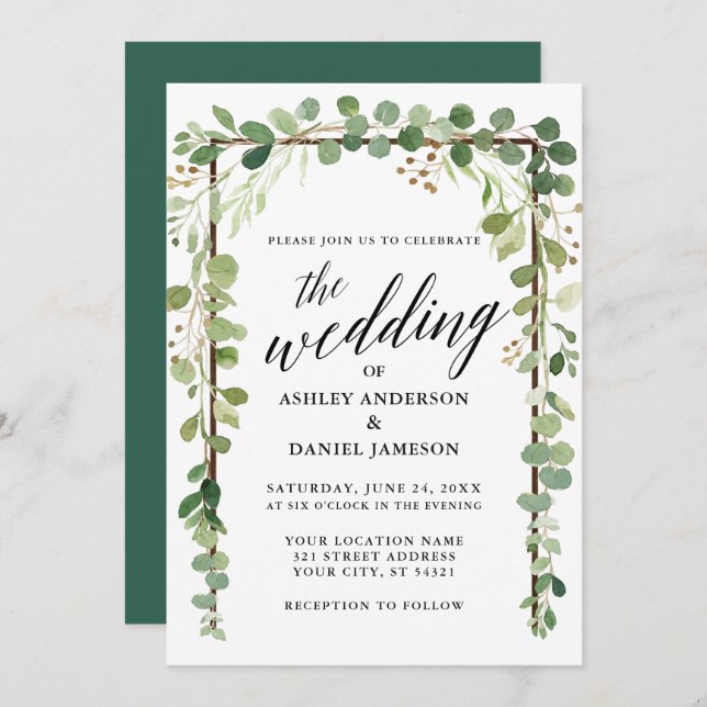 Watercolor Botanical Wood Calligraphy Wedding Invitation (Front/Back)