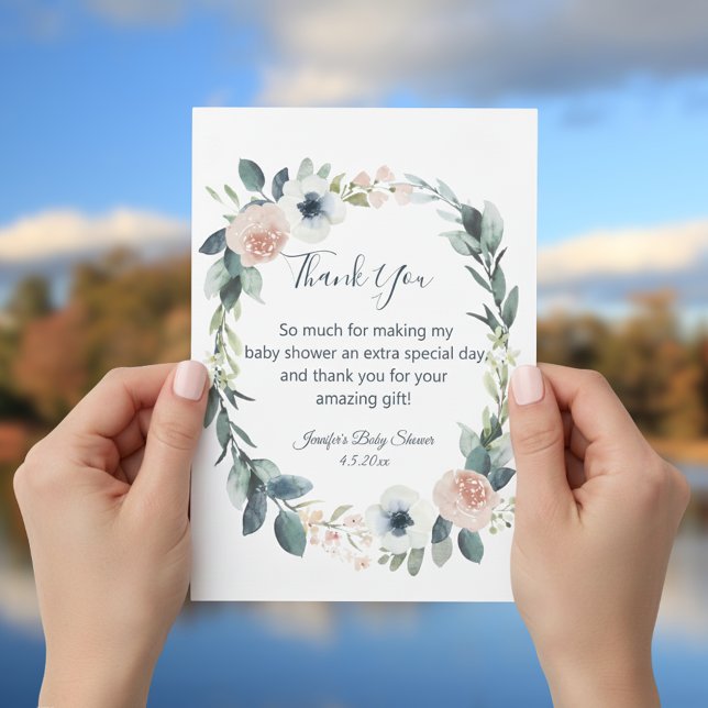 watercolor botanical wreath baby shower thank you card (Creator Uploaded)