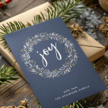 Watercolor Botanical Wreath Joy Blue Christmas Holiday Card<br><div class="desc">A modern blue holiday card features a wreath made from watercolor winter botanicals with joy in the centre in white script typography.  Personalise with your name.</div>