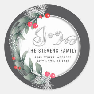 Watercolor  botanical wreath script joy winter classic round sticker