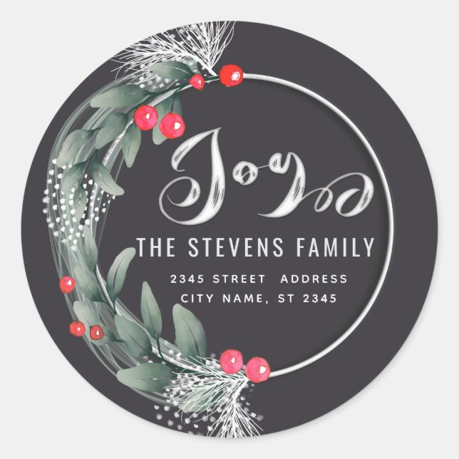 Watercolor  botanical wreath script joy winter classic round sticker (Front)