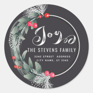 Watercolor  botanical wreath script joy winter classic round sticker