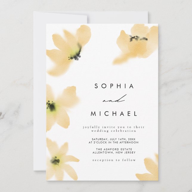 Watercolor Botanical Yellow Flowers Wedding Invitation (Front)