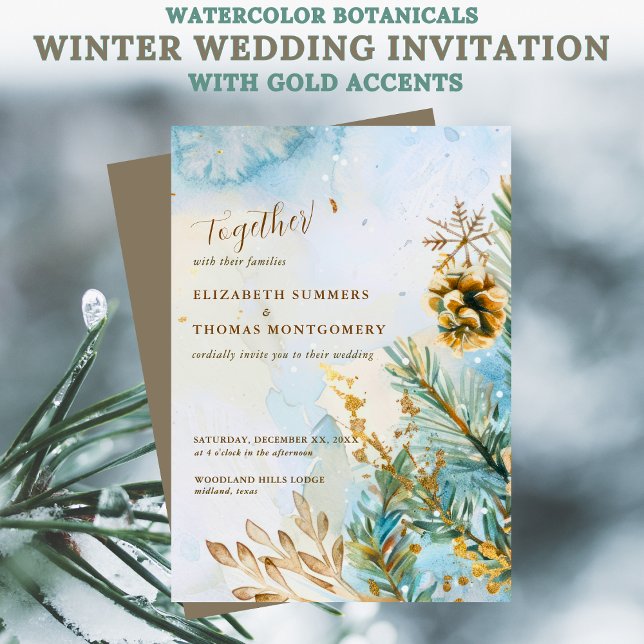 Watercolor Botanicals Winter Wedding Gold Accents Invitation (Watercolor Botanicals Winter Wedding Invitation with Gold Accents)