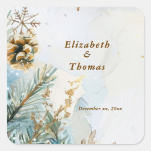 Watercolor Botanicals Winter Wedding Gold Accents Square Sticker