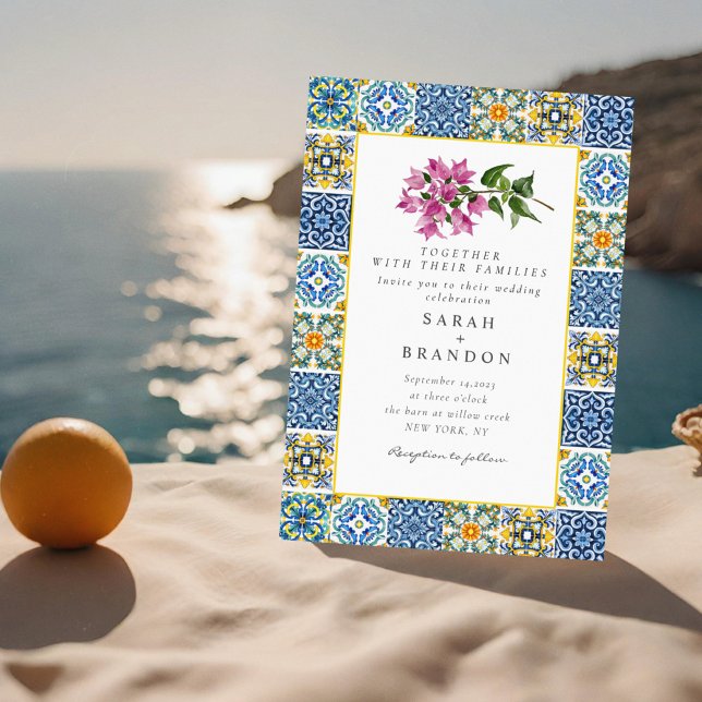 Watercolor bougainvillea Blue tile Wedding  Invitation (Creator Uploaded)